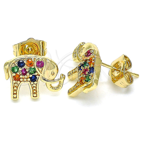 Arete Dormilona 02.210.0405.1 Oro Laminado, Diseño de Elefante, con Multicolor Micro Pave, Pulido, Tono Dorado