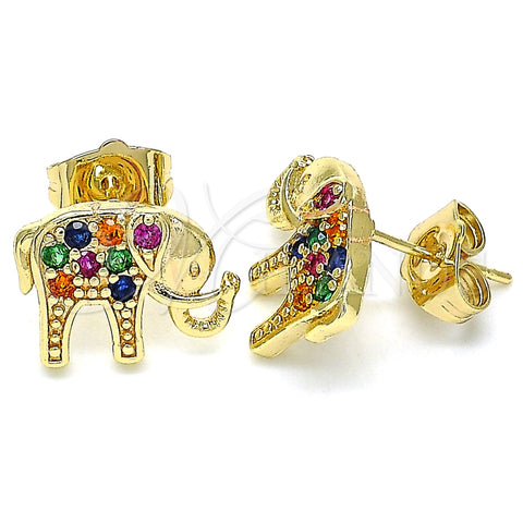 Arete Dormilona 02.210.0405.1 Oro Laminado, Diseño de Elefante, con Multicolor Micro Pave, Pulido, Tono Dorado