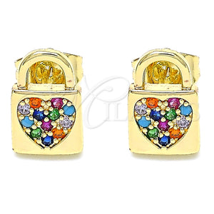 Arete Dormilona 02.210.0406.1 Oro Laminado, Diseño de Candado y Corazón, con Multicolor Micro Pave, Pulido, Tono Dorado