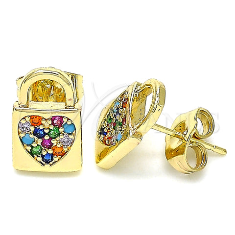 Arete Dormilona 02.210.0406.1 Oro Laminado, Diseño de Candado y Corazón, con Multicolor Micro Pave, Pulido, Tono Dorado
