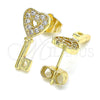 Arete Dormilona 02.210.0407 Oro Laminado, Diseño de Llave y Corazón, con Blanca Micro Pave, Pulido, Tono Dorado
