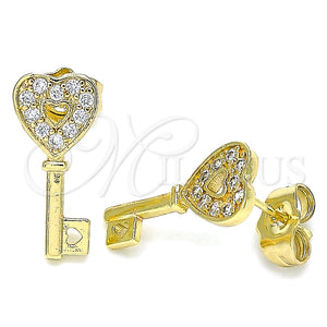 Arete Dormilona 02.210.0407 Oro Laminado, Diseño de Llave y Corazón, con Blanca Micro Pave, Pulido, Tono Dorado