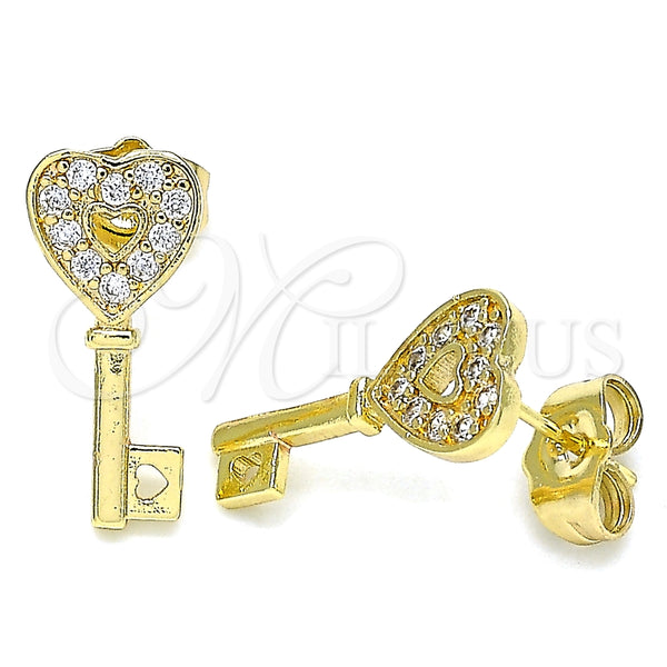 Arete Dormilona 02.210.0407 Oro Laminado, Diseño de Llave y Corazón, con Blanca Micro Pave, Pulido, Tono Dorado
