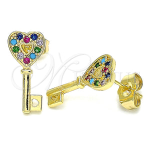 Arete Dormilona 02.210.0407.1 Oro Laminado, Diseño de Llave y Corazón, con Multicolor Micro Pave, Pulido, Tono Dorado