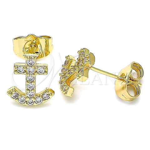 Arete Dormilona 02.210.0410 Oro Laminado, Diseño de Ancla, con Blanca Micro Pave, Pulido, Tono Dorado