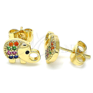 Arete Dormilona 02.210.0411.1 Oro Laminado, Diseño de Elefante, con Multicolor Micro Pave, Pulido, Tono Dorado