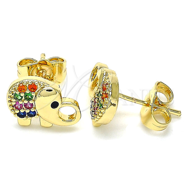 Arete Dormilona 02.210.0411.1 Oro Laminado, Diseño de Elefante, con Multicolor Micro Pave, Pulido, Tono Dorado