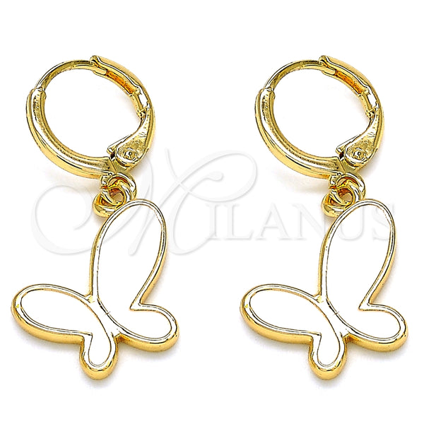 Arete Colgante 02.377.0025 Oro Laminado, Diseño de Mariposa, Esmaltado Blanco, Tono Dorado