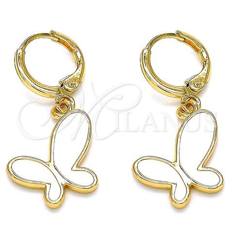 Arete Colgante 02.377.0025 Oro Laminado, Diseño de Mariposa, Esmaltado Blanco, Tono Dorado