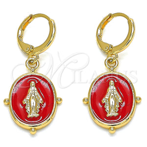 Arete Colgante 02.377.0026.1 Oro Laminado, Diseño de Virgen Maria, Esmaltado Rojo, Tono Dorado