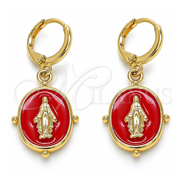 Arete Colgante 02.377.0026.1 Oro Laminado, Diseño de Virgen Maria, Esmaltado Rojo, Tono Dorado