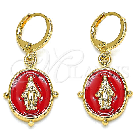 Arete Colgante 02.377.0026.1 Oro Laminado, Diseño de Virgen Maria, Esmaltado Rojo, Tono Dorado