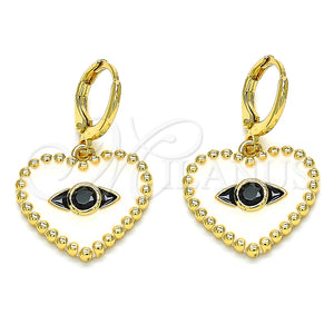Arete Colgante 02.377.0029 Oro Laminado, Diseño de Corazón y Ojo Griego, con Negro Zirconia Cubica, Esmaltado Blanco, Tono Dorado