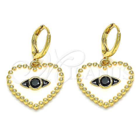 Arete Colgante 02.377.0029 Oro Laminado, Diseño de Corazón y Ojo Griego, con Negro Zirconia Cubica, Esmaltado Blanco, Tono Dorado