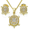 Juego de Arete y Dije de Adulto 10.210.0153 Oro Laminado, Diseño de Tortuga, con Blanca Micro Pave, Pulido, Tono Dorado