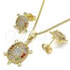 Juego de Arete y Dije de Adulto 10.210.0153.1 Oro Laminado, Diseño de Tortuga, con Multicolor Micro Pave, Pulido, Tono Dorado