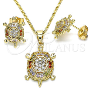 Juego de Arete y Dije de Adulto 10.210.0153.1 Oro Laminado, Diseño de Tortuga, con Multicolor Micro Pave, Pulido, Tono Dorado