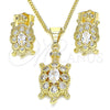 Juego de Arete y Dije de Adulto 10.210.0154 Oro Laminado, Diseño de Tortuga, con Blanca Zirconia Cubica, Pulido, Tono Dorado