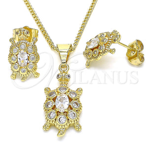 Juego de Arete y Dije de Adulto 10.210.0154 Oro Laminado, Diseño de Tortuga, con Blanca Zirconia Cubica, Pulido, Tono Dorado