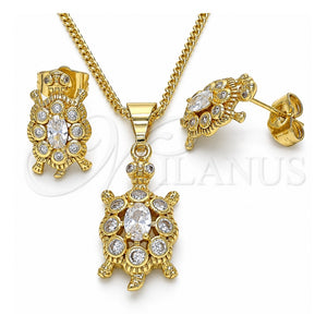 Juego de Arete y Dije de Adulto 10.210.0154 Oro Laminado, Diseño de Tortuga, con Blanca Zirconia Cubica, Pulido, Tono Dorado