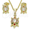 Juego de Arete y Dije de Adulto 10.210.0154.1 Oro Laminado, Diseño de Tortuga, con Multicolor Zirconia Cubica, Pulido, Tono Dorado
