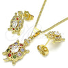 Juego de Arete y Dije de Adulto 10.210.0154.1 Oro Laminado, Diseño de Tortuga, con Multicolor Zirconia Cubica, Pulido, Tono Dorado