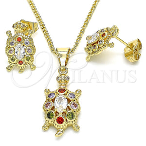 Juego de Arete y Dije de Adulto 10.210.0154.1 Oro Laminado, Diseño de Tortuga, con Multicolor Zirconia Cubica, Pulido, Tono Dorado