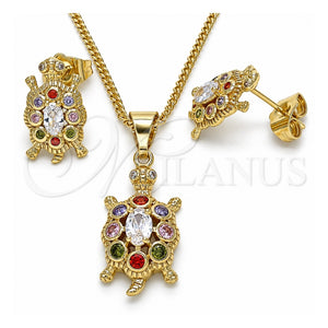 Juego de Arete y Dije de Adulto 10.210.0154.1 Oro Laminado, Diseño de Tortuga, con Multicolor Zirconia Cubica, Pulido, Tono Dorado