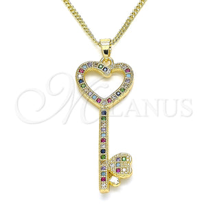 Collares con Dije 04.344.0004.2.20 Oro Laminado, Diseño de Llave y Corazón, con Multicolor Micro Pave, Pulido, Tono Dorado (02 MM Thickness, 20 Inches Length)