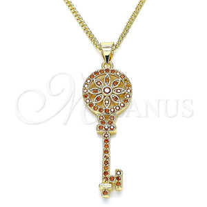 Collares con Dije 04.344.0005.1.20 Oro Laminado, Diseño de Llave y Flor, con Granate Micro Pave, Pulido, Tono Dorado (02 MM Thickness, 20 Inches Length)