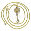 Collares con Dije 04.344.0005.2.20 Oro Laminado, Diseño de Llave y Flor, con Multicolor Micro Pave, Pulido, Tono Dorado (02 MM Thickness, 20 Inches Length)