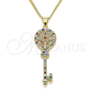 Collares con Dije 04.344.0005.2.20 Oro Laminado, Diseño de Llave y Flor, con Multicolor Micro Pave, Pulido, Tono Dorado (02 MM Thickness, 20 Inches Length)