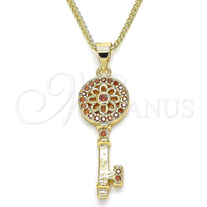 Collares con Dije 04.344.0006.1.20 Oro Laminado, Diseño de Llave y Flor, con Granate Micro Pave, Pulido, Tono Dorado (02 MM Thickness, 20 Inches Length)