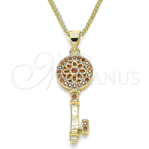 Collares con Dije 04.344.0006.1.20 Oro Laminado, Diseño de Llave y Flor, con Granate Micro Pave, Pulido, Tono Dorado (02 MM Thickness, 20 Inches Length)
