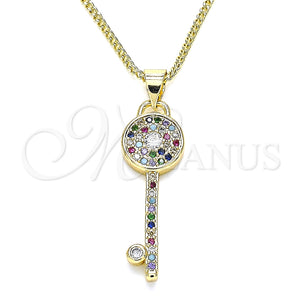 Collares con Dije 04.344.0007.2.20 Oro Laminado, Diseño de Llave, con Multicolor Micro Pave, Pulido, Tono Dorado (02 MM Thickness, 20 Inches Length)