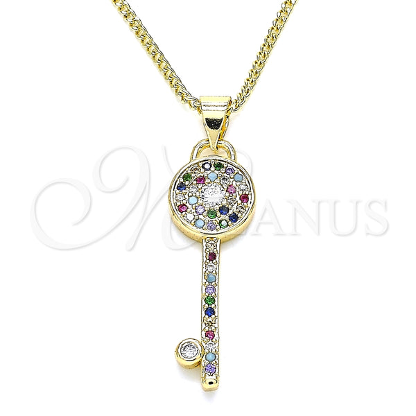 Collares con Dije 04.344.0007.2.20 Oro Laminado, Diseño de Llave, con Multicolor Micro Pave, Pulido, Tono Dorado (02 MM Thickness, 20 Inches Length)
