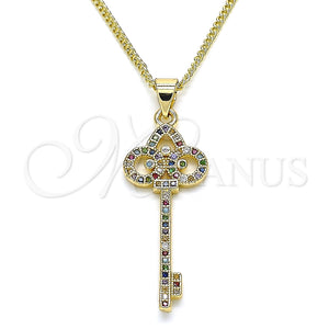 Collares con Dije 04.344.0008.2.20 Oro Laminado, Diseño de Llave, con Multicolor Micro Pave, Pulido, Tono Dorado (02 MM Thickness, 20 Inches Length)