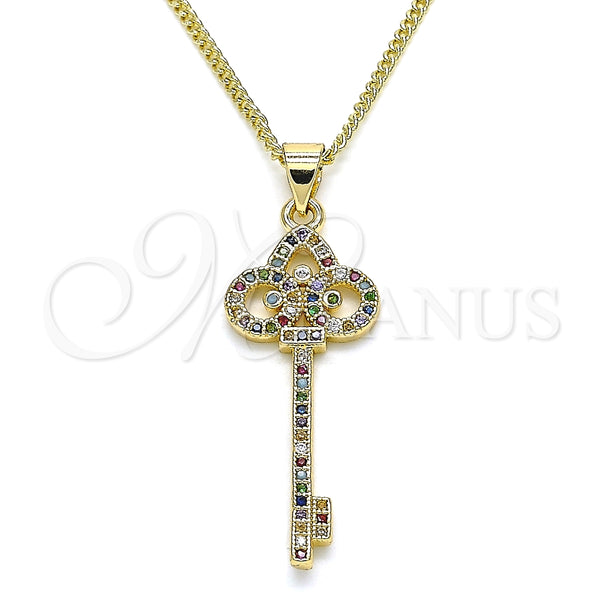 Collares con Dije 04.344.0008.2.20 Oro Laminado, Diseño de Llave, con Multicolor Micro Pave, Pulido, Tono Dorado (02 MM Thickness, 20 Inches Length)