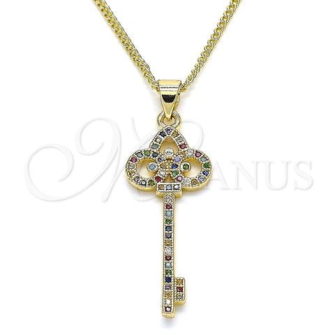 Collares con Dije 04.344.0008.2.20 Oro Laminado, Diseño de Llave, con Multicolor Micro Pave, Pulido, Tono Dorado (02 MM Thickness, 20 Inches Length)