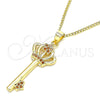 Collares con Dije 04.344.0009.1.20 Oro Laminado, Diseño de Llave y Corona, con Micro Pave Granate, Pulido, Tono Dorado (Grosor 02 MM, 20 Pulgadas de Largo)