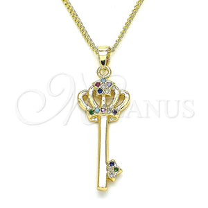 Collares con Dije 04.344.0009.2.20 Oro Laminado, Diseño de Llave y Corona, con Multicolor Micro Pave, Pulido, Tono Dorado (02 MM Thickness, 20 Inches Length)