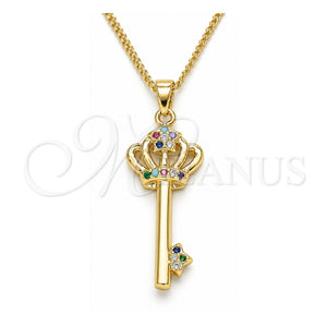 Collares con Dije 04.344.0009.2.20 Oro Laminado, Diseño de Llave y Corona, con Micro Pave Multicolor, Pulido, Tono Dorado (Grosor 02 MM, 20 Pulgadas de Largo)