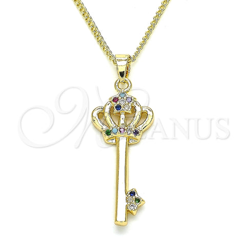Collares con Dije 04.344.0009.2.20 Oro Laminado, Diseño de Llave y Corona, con Multicolor Micro Pave, Pulido, Tono Dorado (02 MM Thickness, 20 Inches Length)