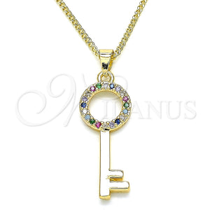 Collares con Dije 04.344.0010.2.20 Oro Laminado, Diseño de Llave, con Multicolor Micro Pave, Pulido, Tono Dorado (02 MM Thickness, 20 Inches Length)