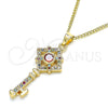 Collares con Dije 04.344.0011.2.20 Oro Laminado, Diseño de Llave, con Multicolor Micro Pave, Pulido, Tono Dorado (02 MM Thickness, 20 Inches Length)