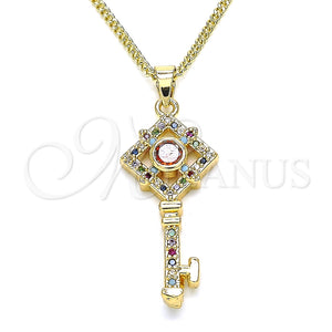 Collares con Dije 04.344.0011.2.20 Oro Laminado, Diseño de Llave, con Multicolor Micro Pave, Pulido, Tono Dorado (02 MM Thickness, 20 Inches Length)