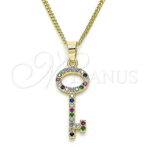 Collares con Dije 04.344.0012.2.20 Oro Laminado, Diseño de Llave, con Multicolor Micro Pave, Pulido, Tono Dorado (02 MM Thickness, 20 Inches Length)