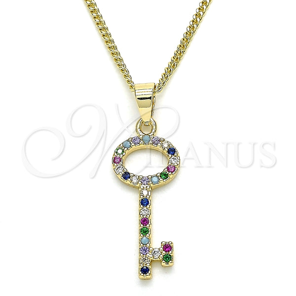 Collares con Dije 04.344.0012.2.20 Oro Laminado, Diseño de Llave, con Multicolor Micro Pave, Pulido, Tono Dorado (02 MM Thickness, 20 Inches Length)