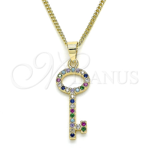 Collares con Dije 04.344.0012.2.20 Oro Laminado, Diseño de Llave, con Multicolor Micro Pave, Pulido, Tono Dorado (02 MM Thickness, 20 Inches Length)