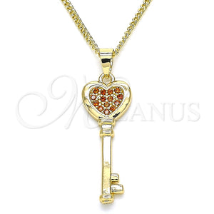 Collares con Dije 04.344.0013.1.20 Oro Laminado, Diseño de Llave y Corazón, con Granate Micro Pave, Pulido, Tono Dorado (02 MM Thickness, 20 Inches Length)